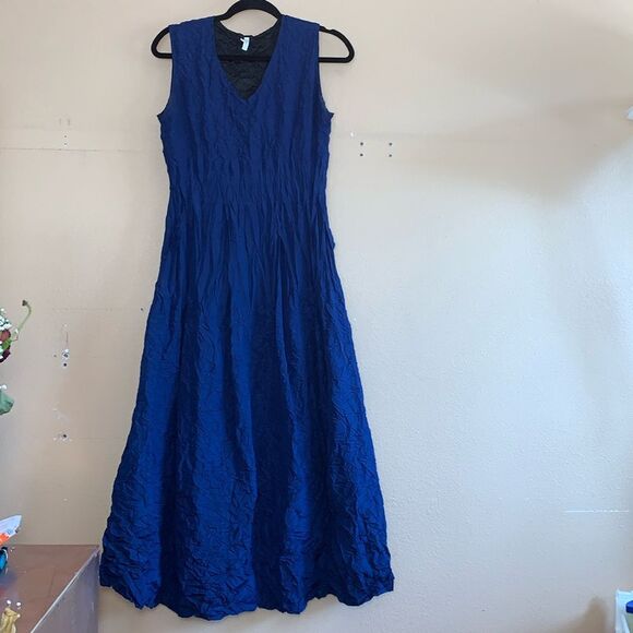 Dresses & Skirts - Lindi Blue Polyester Shell Lined Smash Crinkle V Neck Tank Maxi Dress size Small